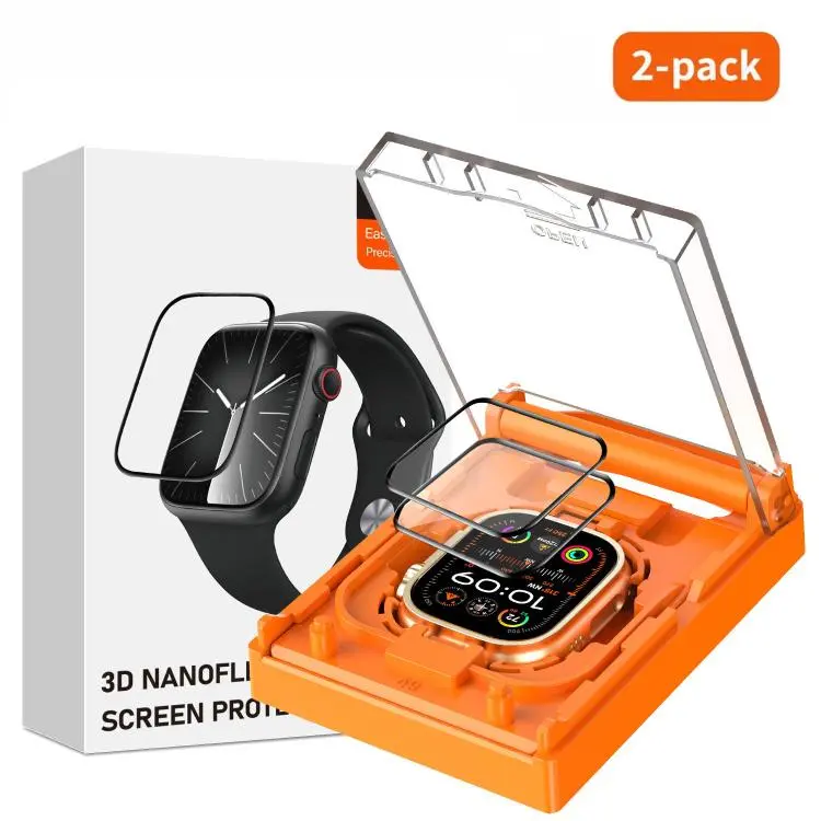 For Apple Watch Ultra 4 / 3 / 2 / 1 49mm 2pcs Easy Install Box Dust-Free Screen-printed Tempered Glass Film(Transparent + Black Edge)