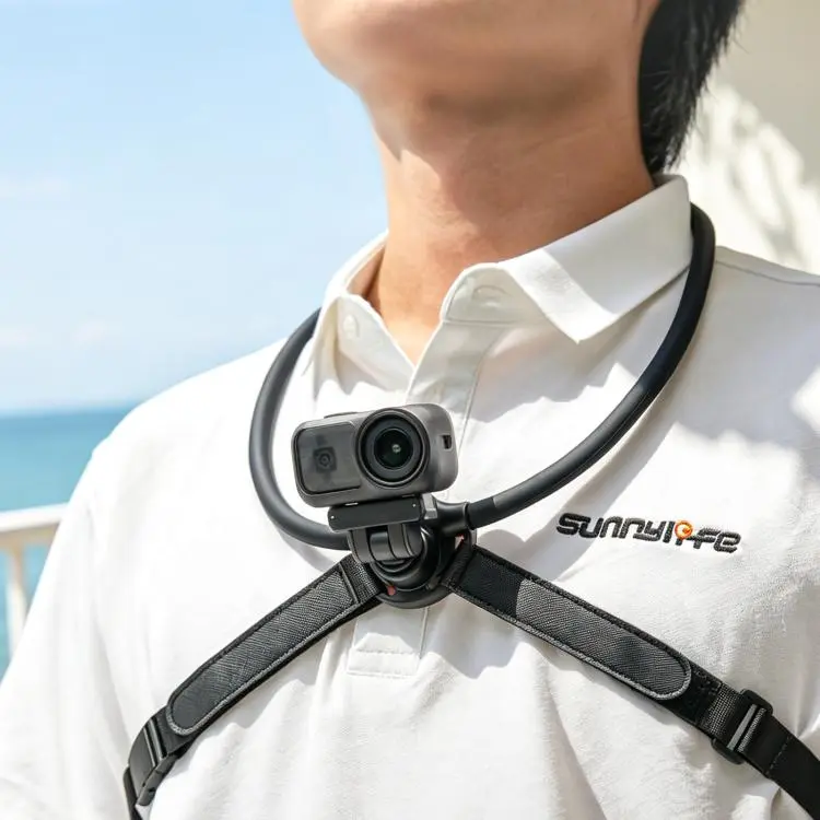 For DJI Osmo Nano / Action 6 Sunnylife Dual-Direction Magnetic Quick-Release Neck Mount Adjustable Selfie Holder with Body Strap (Black)