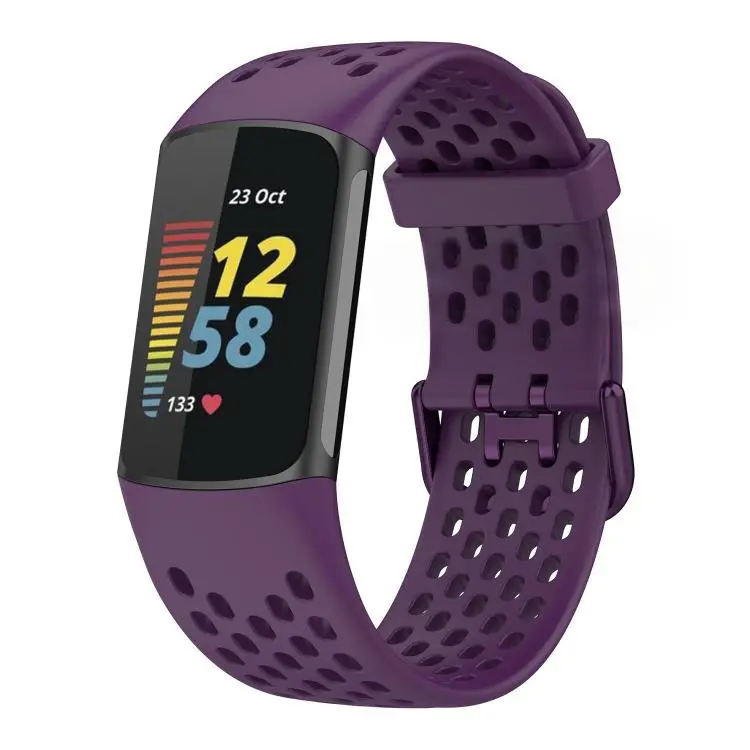 For Fitbit Charge 6 / 5 xDfind Hole Style Breathable Silicone Watch Band(Dark Purple)