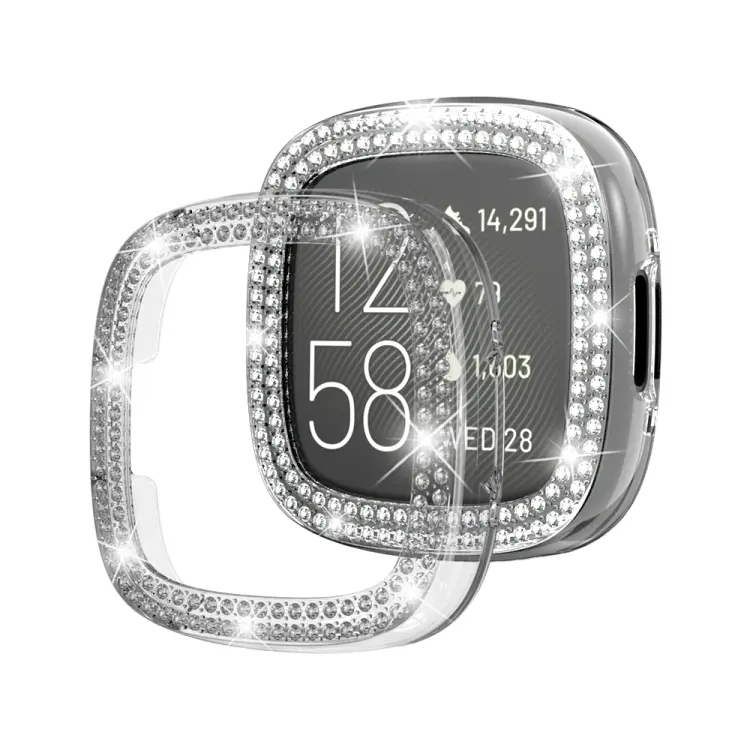 For Fitbit Versa 4 Double-Row Diamond Solid Color Electroplating Hollowed Watch Case(Transparent)
