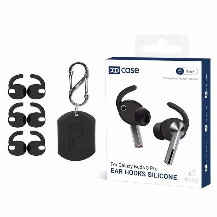 For Galaxy Buds3 Pro XDcase 3 Pairs Silicone Anti-slip Sports Ear Caps with Storage Case & Carabiner(Black)