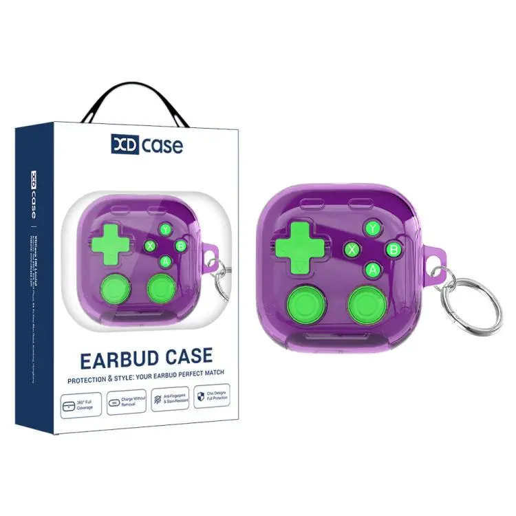 For Galaxy Buds4 / Buds4 Pro XDcase Transparent Retro Game Console Design Earbuds Case with Holder & Stress Relief Button(Purple)