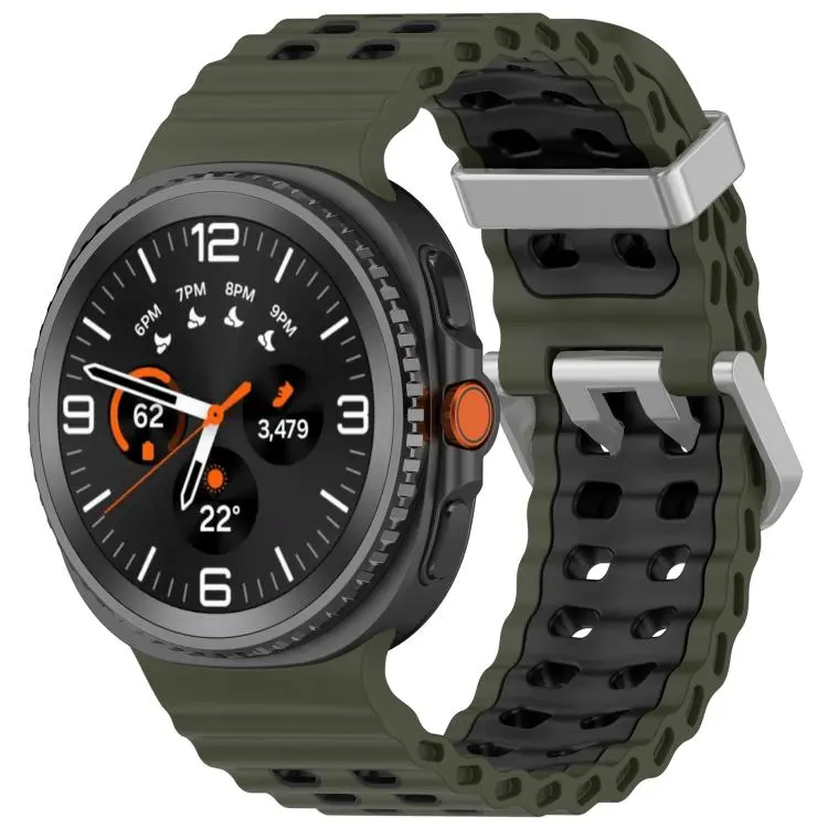 For Galaxy Watch9 / 8 / 8 Classic Ocean Two Color Dual-Row Hole Silver Buckle Silicone Watch Band(Army Green Black)