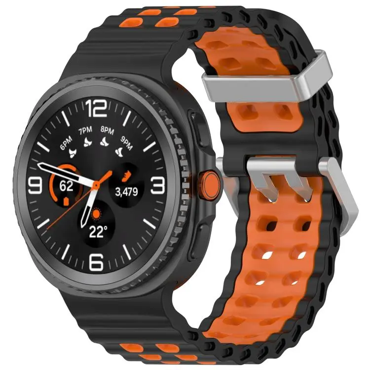 For Galaxy Watch9 / 8 / 8 Classic Ocean Two Color Dual-Row Hole Silver Buckle Silicone Watch Band(Black Orange)