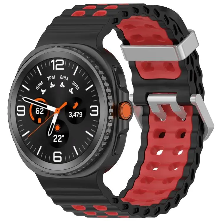 For Galaxy Watch9 / 8 / 8 Classic Ocean Two Color Dual-Row Hole Silver Buckle Silicone Watch Band(Black Red)