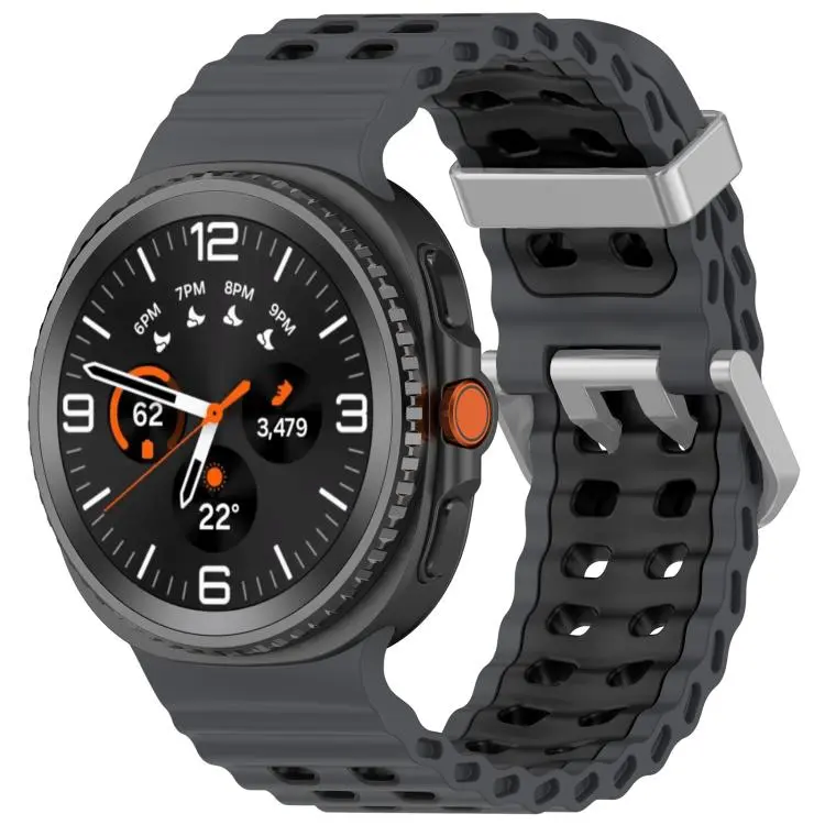For Galaxy Watch9 / 8 / 8 Classic Ocean Two Color Dual-Row Hole Silver Buckle Silicone Watch Band(Coal Black)