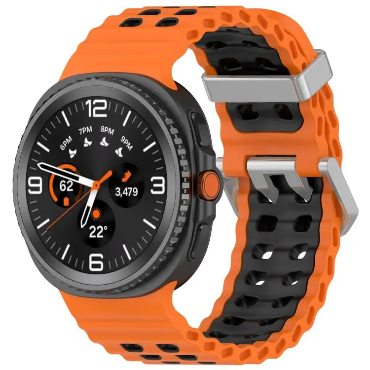 For Galaxy Watch9 / 8 / 8 Classic Ocean Two Color Dual-Row Hole Silver Buckle Silicone Watch Band(Orange Black)