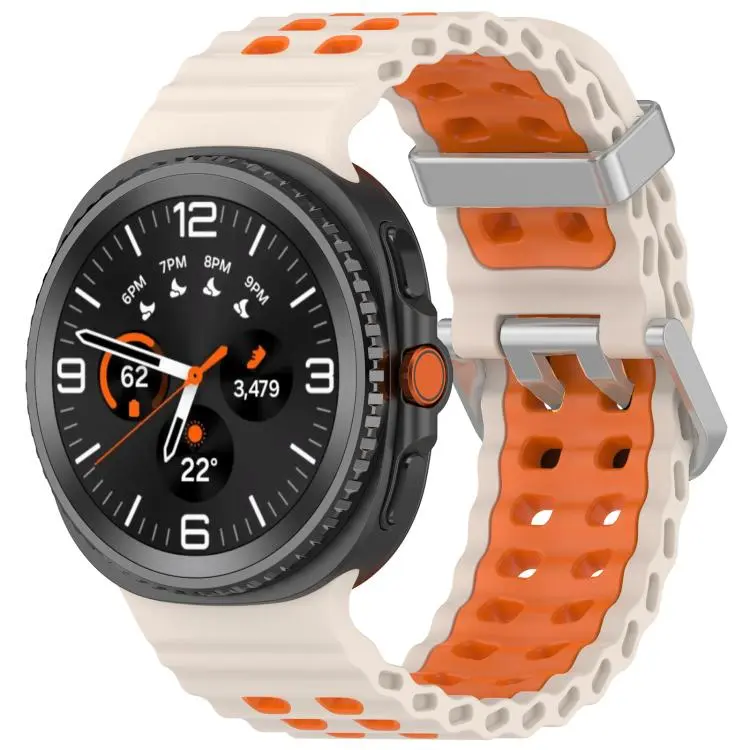 For Galaxy Watch9 / 8 / 8 Classic Ocean Two Color Dual-Row Hole Silver Buckle Silicone Watch Band(Starlight Orange)