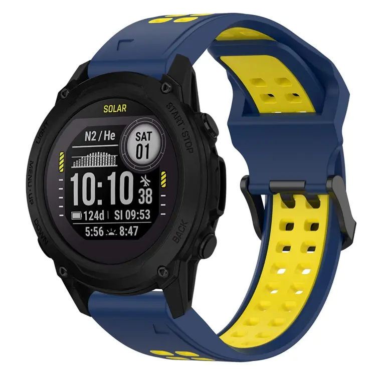 For Garmin Descent G1 Two Color Reverse Buckle 22mm Silicone Watch Band(Blue+Yellow)