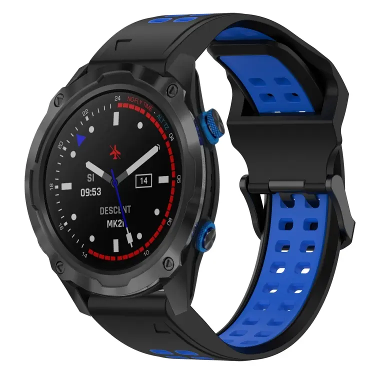 For Garmin Descent MK 2i Two Color Reverse Buckle 26mm Silicone Watch Band(Black+Blue)