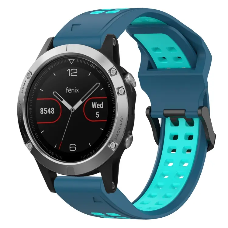 For Garmin Fenix 5 Two Color Reverse Buckle 22mm Silicone Watch Band(Blue+Teal)
