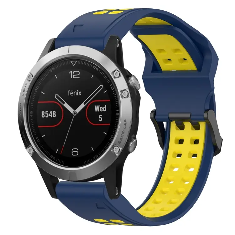 For Garmin Fenix 5 Two Color Reverse Buckle 22mm Silicone Watch Band(Blue+Yellow)