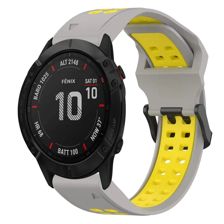 For Garmin Fenix 6X Pro Two Color Reverse Buckle 26mm Silicone Watch Band(Grey+Yellow)