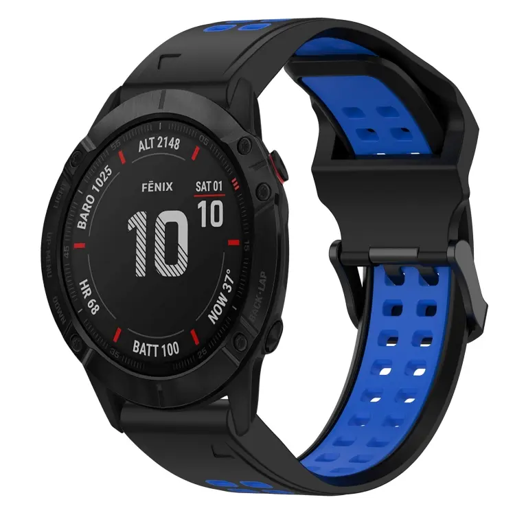 For Garmin Fenix 6X Two Color Reverse Buckle 26mm Silicone Watch Band(Black+Blue)