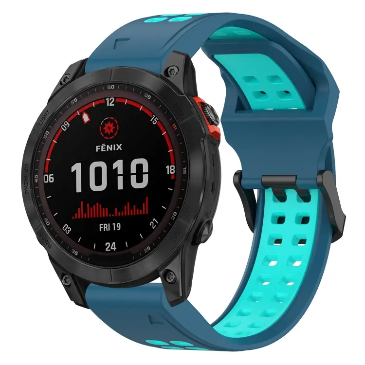 For Garmin Fenix 7 Solar Two Color Reverse Buckle 22mm Silicone Watch Band(Blue+Teal)
