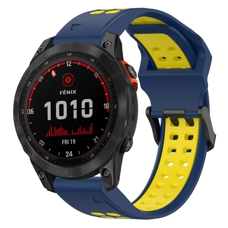 For Garmin Fenix 7 Solar Two Color Reverse Buckle 22mm Silicone Watch Band(Blue+Yellow)