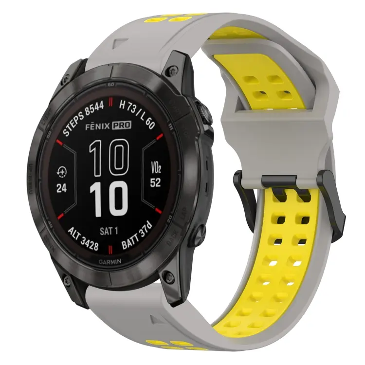 For Garmin Fenix 7X Pro 51mm Two Color Reverse Buckle 26mm Silicone Watch Band(Grey+Yellow)