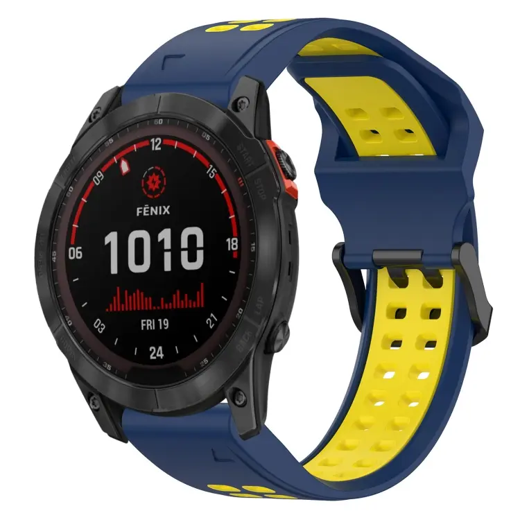 For Garmin Fenix 7X Solar Two Color Reverse Buckle 26mm Silicone Watch Band(Blue+Yellow)