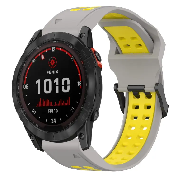 For Garmin Fenix 7X Solar Two Color Reverse Buckle 26mm Silicone Watch Band(Grey+Yellow)