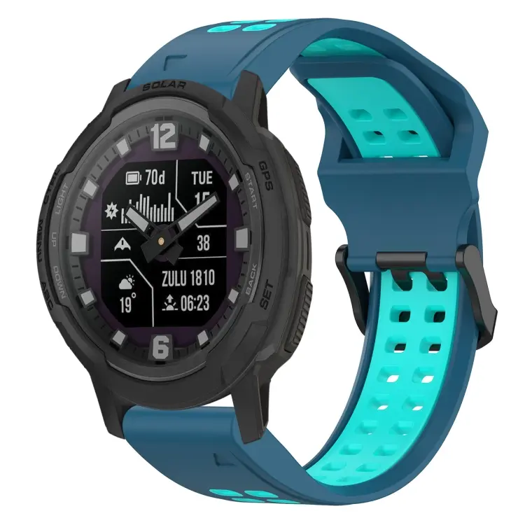 For Garmin Instinct Crossover Solar Two Color Reverse Buckle 22mm Silicone Watch Band(Blue+Teal)