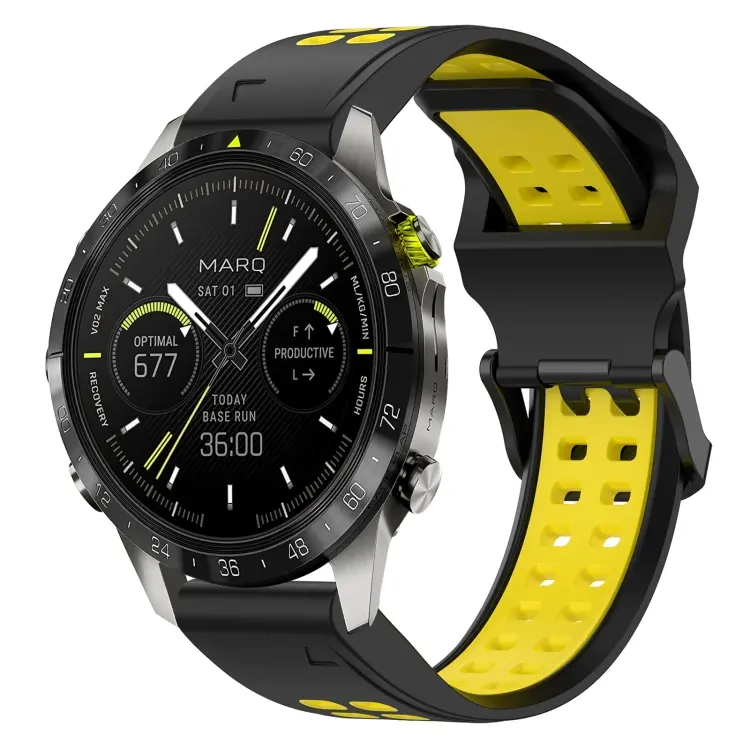 For Garmin MARQ Athlete (Gen 2) Two Color Reverse Buckle 22mm Silicone Watch Band(Black+Yellow)