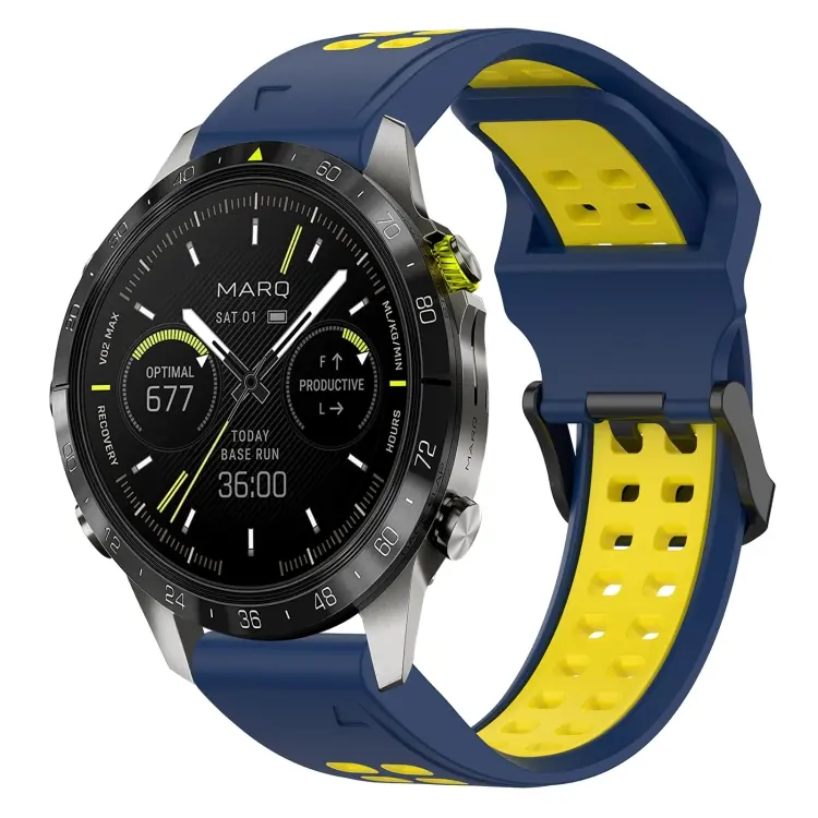 For Garmin MARQ Athlete (Gen 2) Two Color Reverse Buckle 22mm Silicone Watch Band(Blue+Yellow)