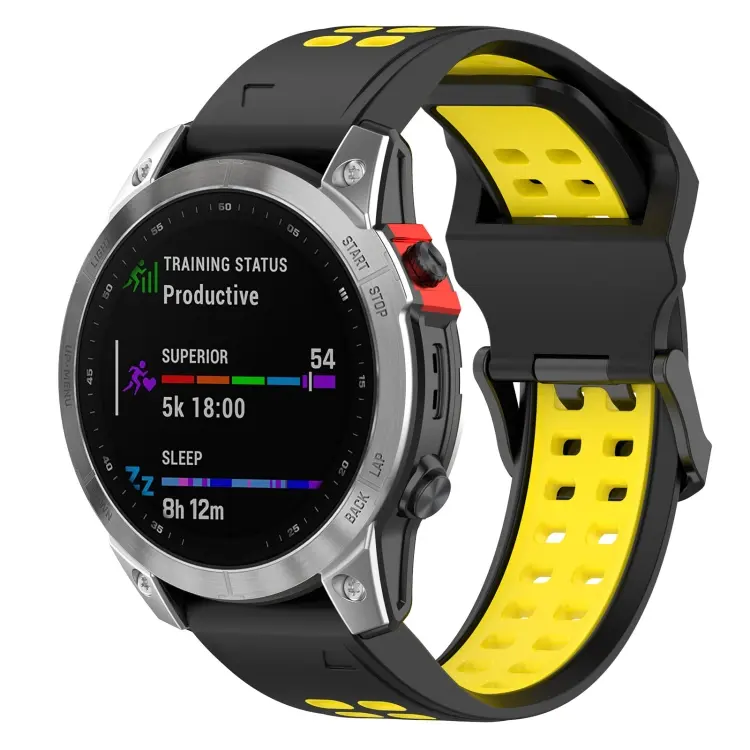 For Garmin TACTIX 7 Two Color Reverse Buckle 26mm Silicone Watch Band(Black+Yellow)