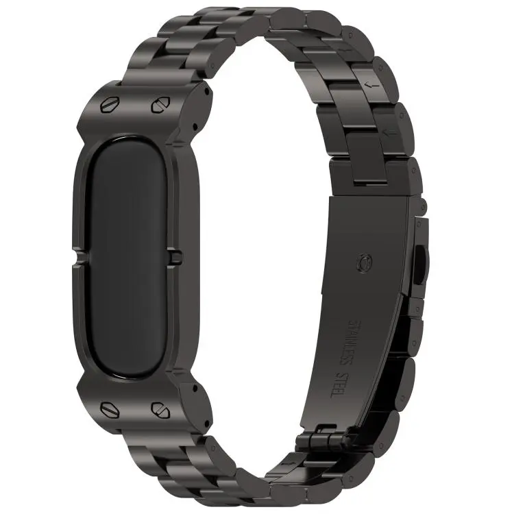 For Google Fitbit Air Metal Case Three Beads Folding Buckle Stainless Steel Watch Band(Black)