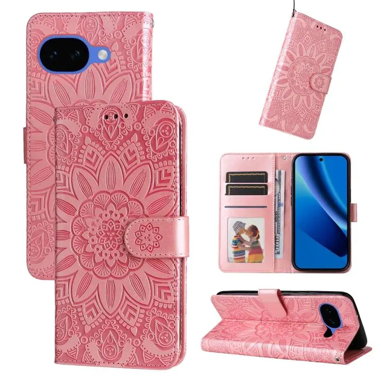 For Google Pixel 10a Embossed Sunflower Leather Phone Case(Rose Gold)