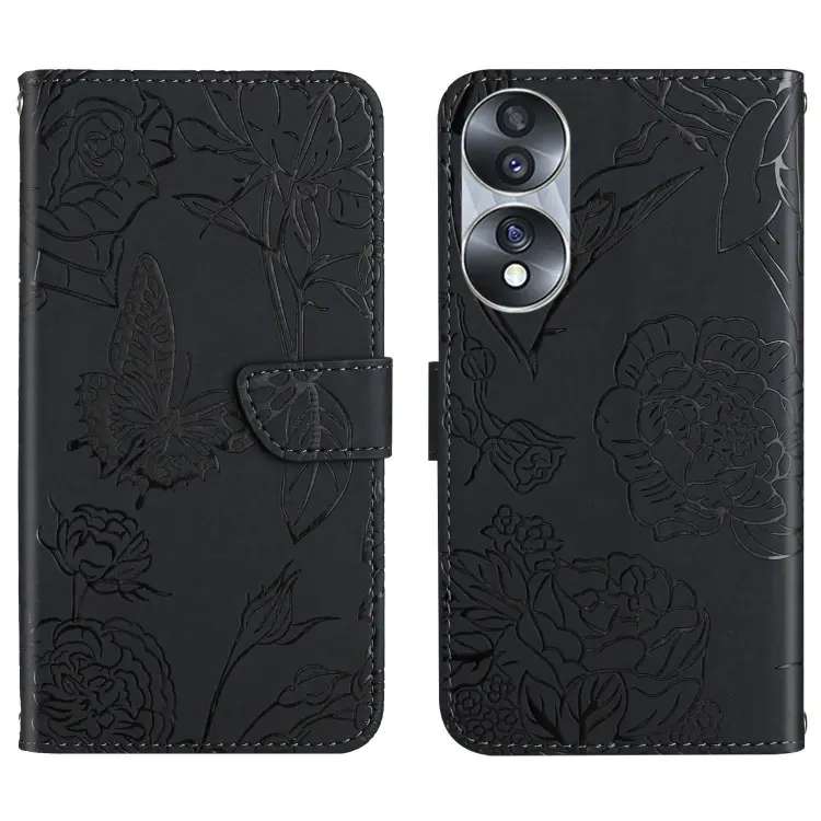 For Honor 70 HT03 Skin Feel Butterfly Embossed Flip Leather Phone Case(Black)