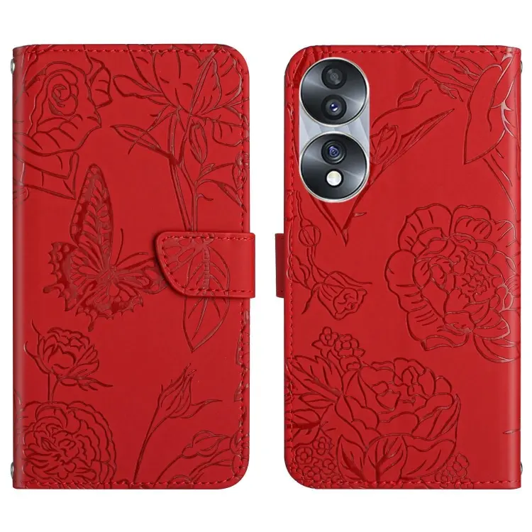 For Honor 70 HT03 Skin Feel Butterfly Embossed Flip Leather Phone Case(Red)