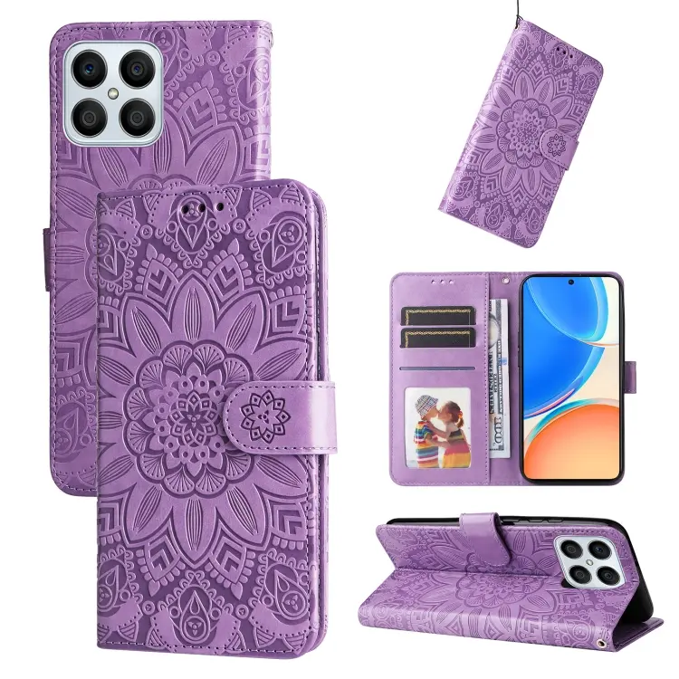 For Honor X8 5G / X6 Embossed Sunflower Leather Phone Case(Purple)