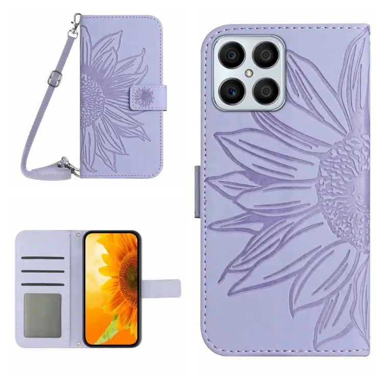For Honor X8 Skin Feel Sun Flower Pattern Flip Leather Phone Case with Lanyard(Purple)