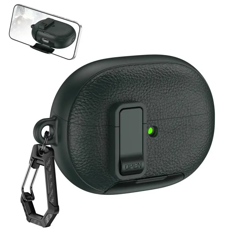 For Huawei FreeBuds Pro 5 Leather Texture Wireless Earphones Case with Hook & Holder(Army Green)