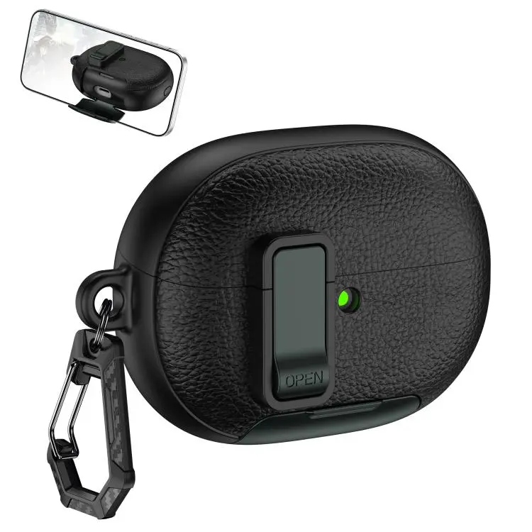 For Huawei FreeBuds Pro 5 Leather Texture Wireless Earphones Case with Hook & Holder(Black Army Green)