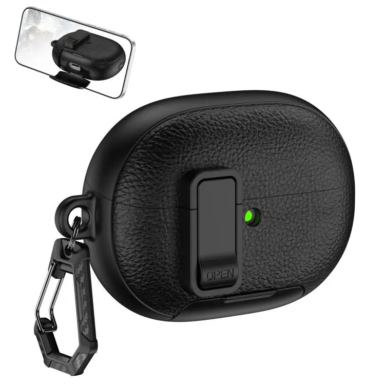 For Huawei FreeBuds Pro 5 Leather Texture Wireless Earphones Case with Hook & Holder(Black)