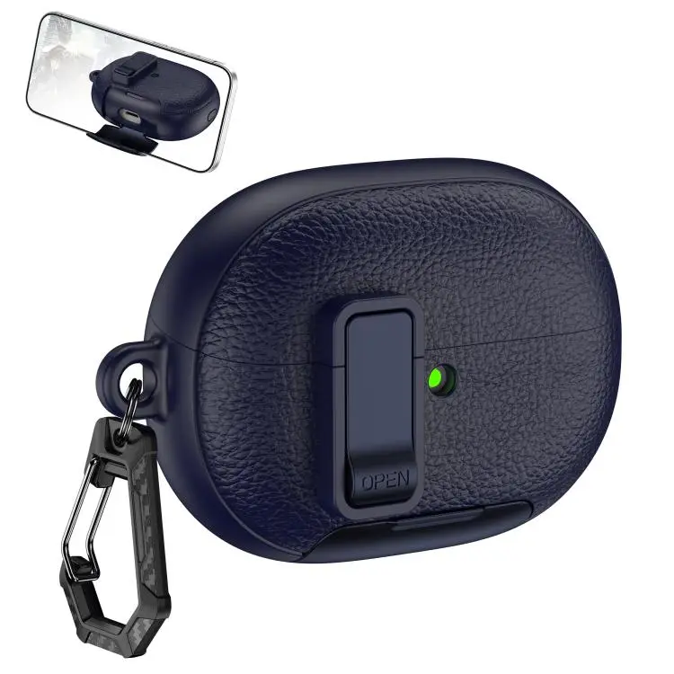 For Huawei FreeBuds Pro 5 Leather Texture Wireless Earphones Case with Hook & Holder(Dark Blue)