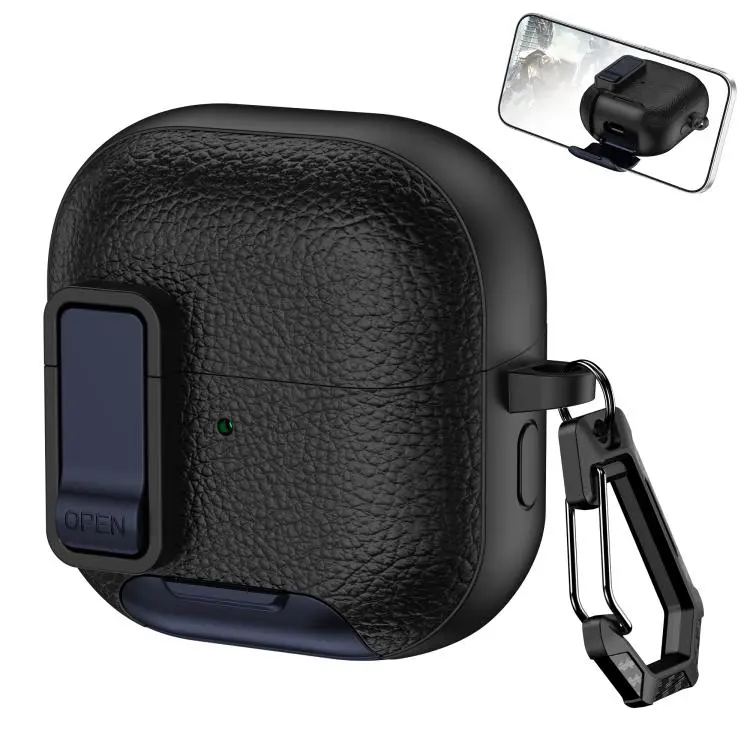 For Huawei FreeClip 2 Leather Texture Wireless Earphones Case with Hook & Holder(Black Dark Blue)