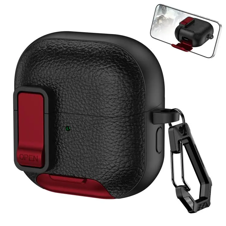 For Huawei FreeClip 2 Leather Texture Wireless Earphones Case with Hook & Holder(Black Red)