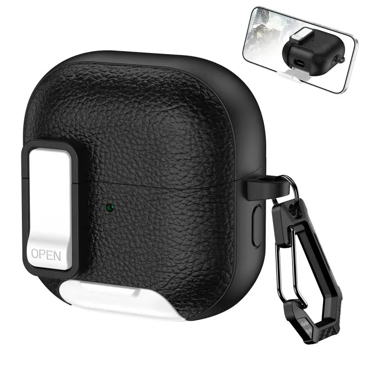 For Huawei FreeClip 2 Leather Texture Wireless Earphones Case with Hook & Holder(Black White)