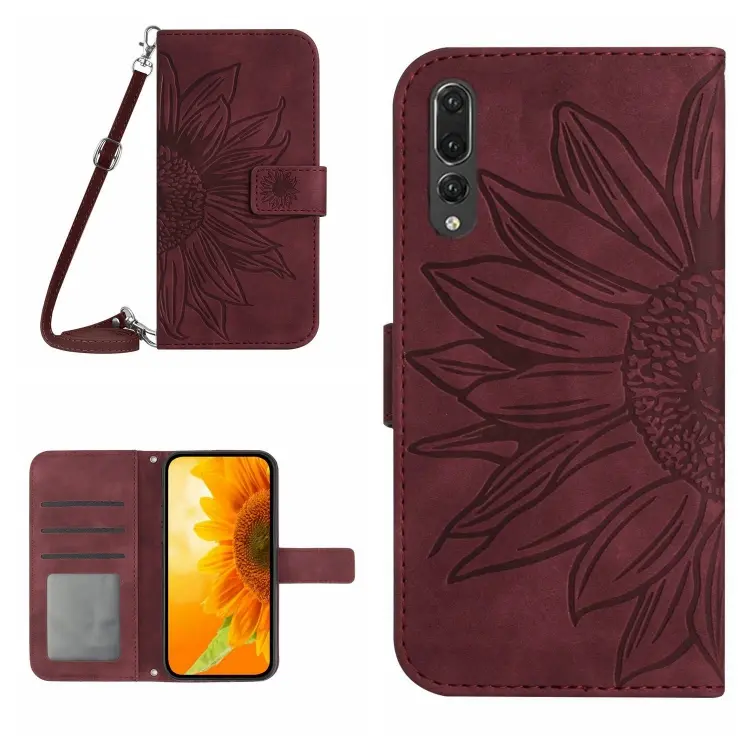 For Huawei P20 Pro Skin Feel Sun Flower Pattern Flip Leather Phone Case with Lanyard(Wine Red)