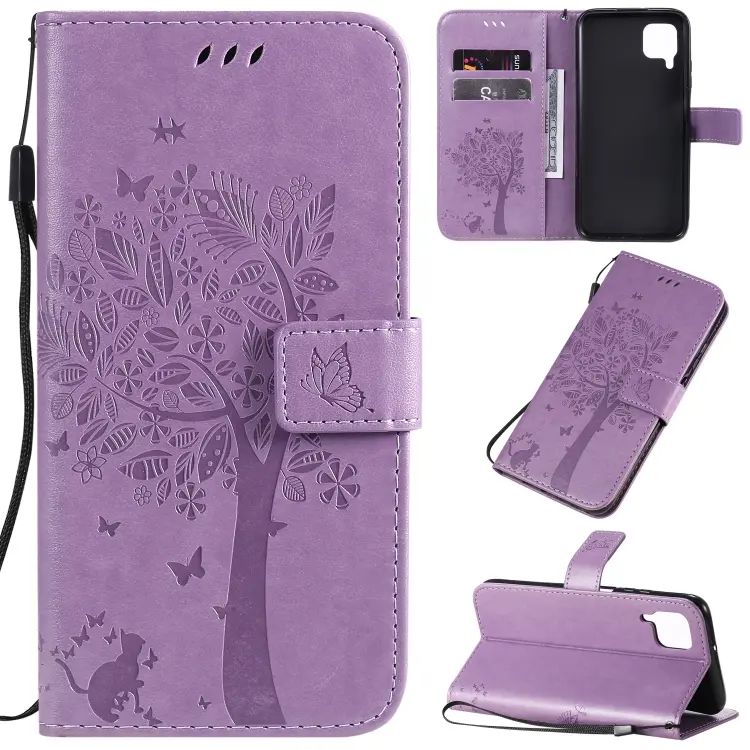 For Huawei P40 Lite / nova 6 SE Tree & Cat Pattern Pressed Printing Horizontal Flip PU Leather Case with Holder & Card Slots & Wallet & Lanyard(Light Purple)