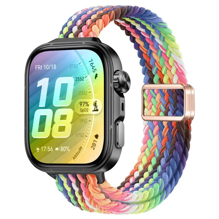 For Huawei Watch Fit 5 / Fit 5 Pro / Fit 4 Slim Magnetic Buckle Nylon Braided Watch Band(Radiant New Rainbow)