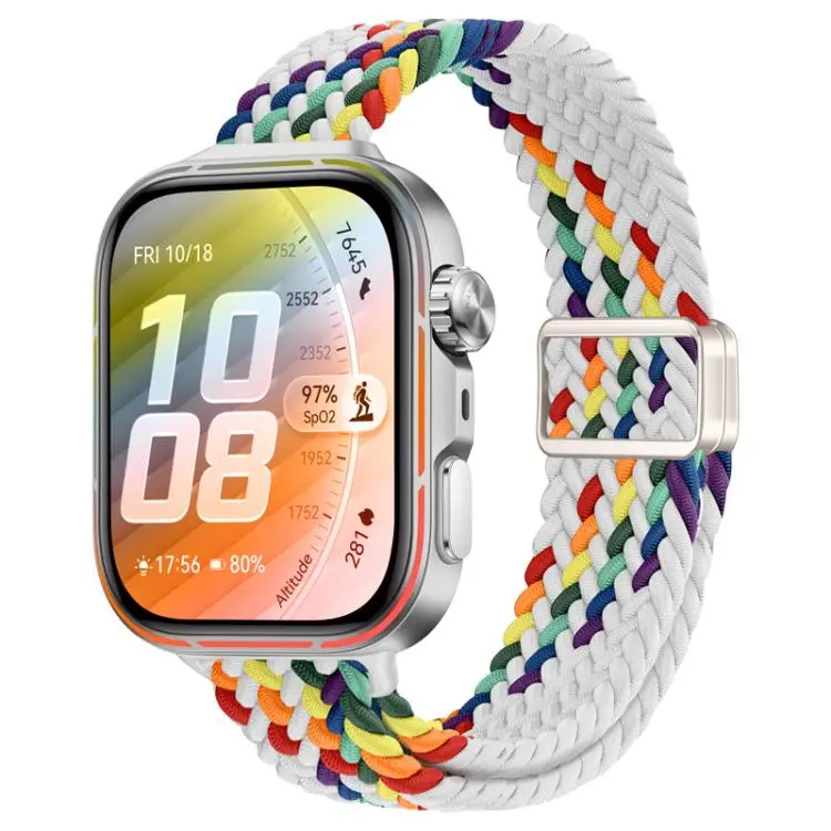 For Huawei Watch Fit 5 / Fit 5 Pro / Fit 4 Slim Magnetic Buckle Nylon Braided Watch Band(White Rainbow)