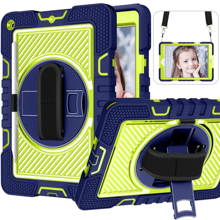 For iPad 10.2 2021 / 2020 / 2019 360 Degree Rotation Contrast Color Shockproof Silicone + PC Case with Holder & Hand Grip Strap & Shoulder Strap (Navy+Yellow Green)