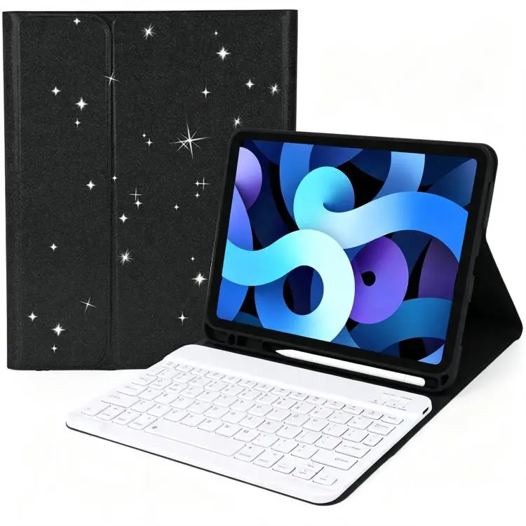 For iPad 9.7 2017 / 2018 / Air 2 / Air Glitter Powder Smart Tablet Leather Case with Detachable BT Keyboard(Glitter Black+White)