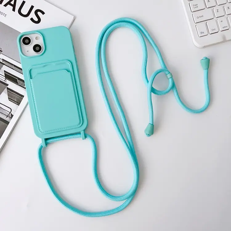 For iPhone 13 Crossbody Lanyard Elastic Silicone Card Holder Phone Case(Sky Blue)
