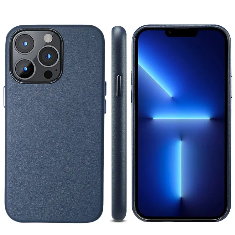 For iPhone 13 Pro Max Lamb Grain PU Back Cover Phone Case(Navy Blue)