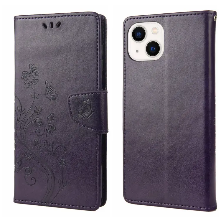 For iPhone 14 Plus Butterfly Flower Pattern Flip Leather Phone Case (Deep Purple)