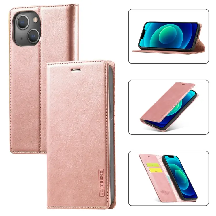For iPhone 14 Plus LC.IMEEKE Strong Magnetic Leather Phone Case with Holder & Card Slots & Wallet (Rose Gold)